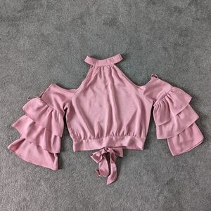Chic Blush Pink Ruffle Sleeve Crop Top by Jealous Tomato - Size L
